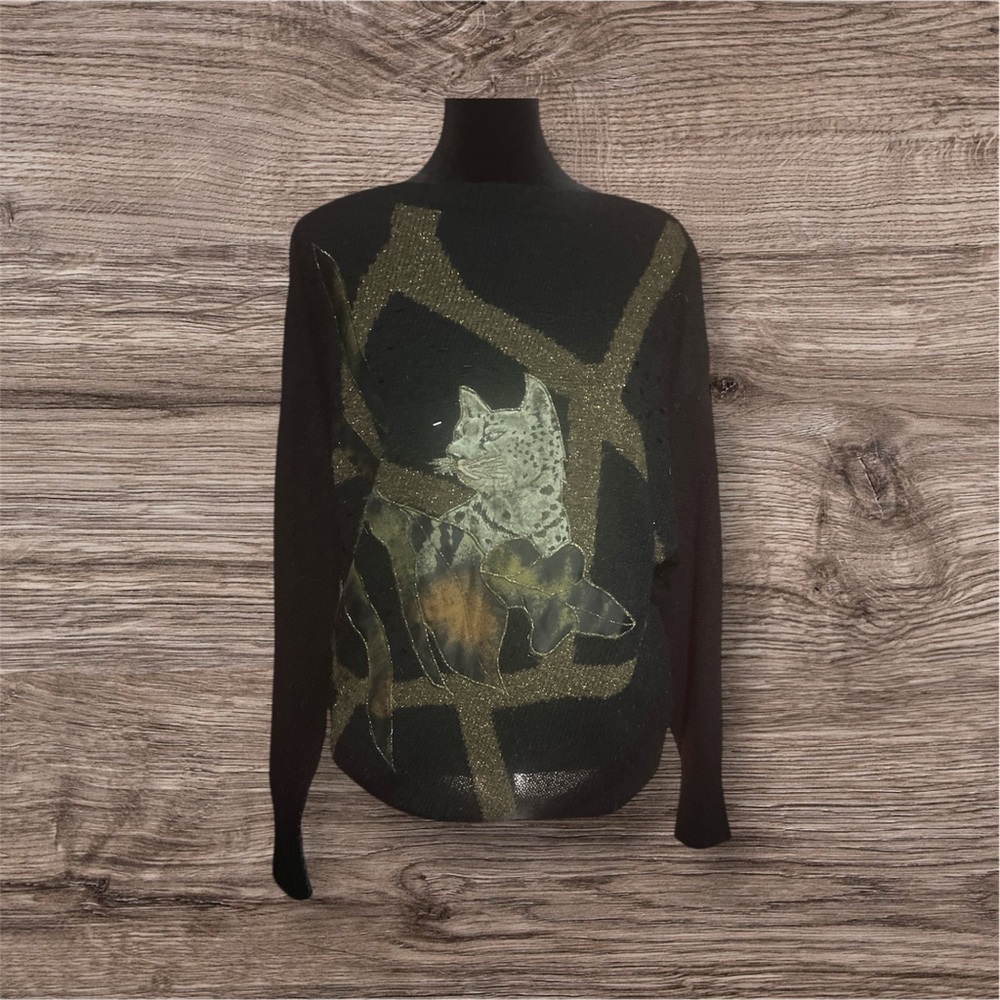 Vintage 80 MarieaKim sweater Chic Black Cat Pattern Women's